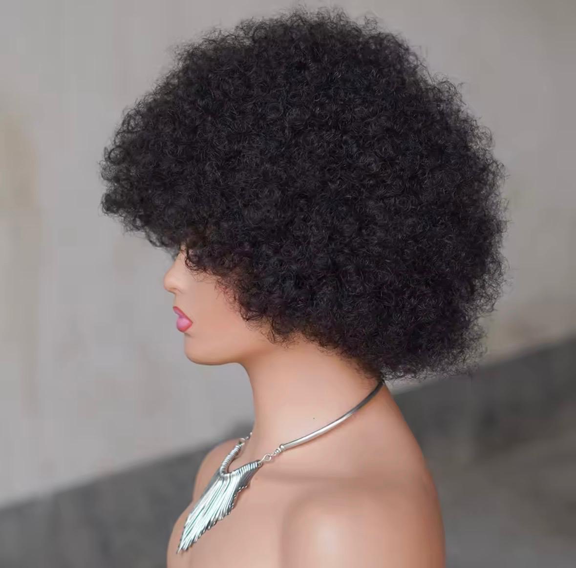 100% human hair|Fluffy Afro Kinky Curly Wig with Bangs