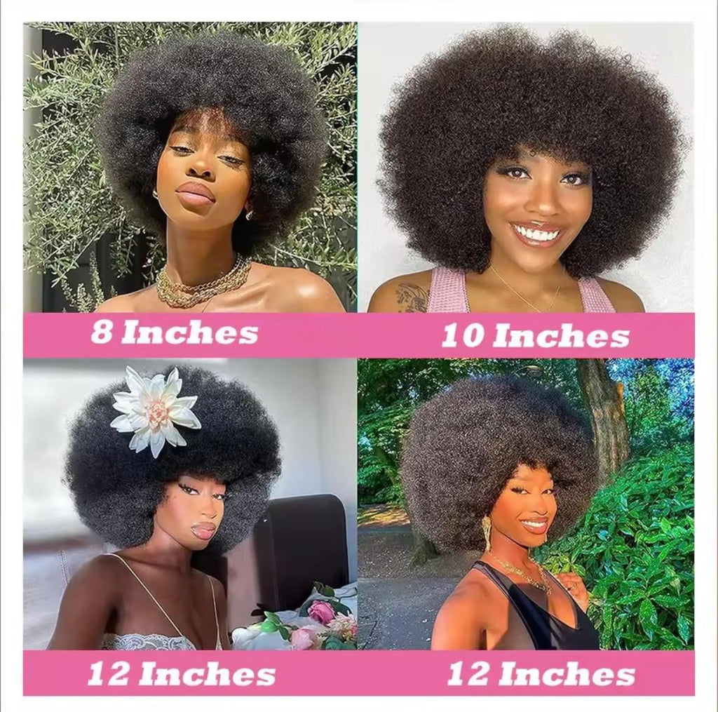 100% human hair|Fluffy Afro Kinky Curly Wig with Bangs