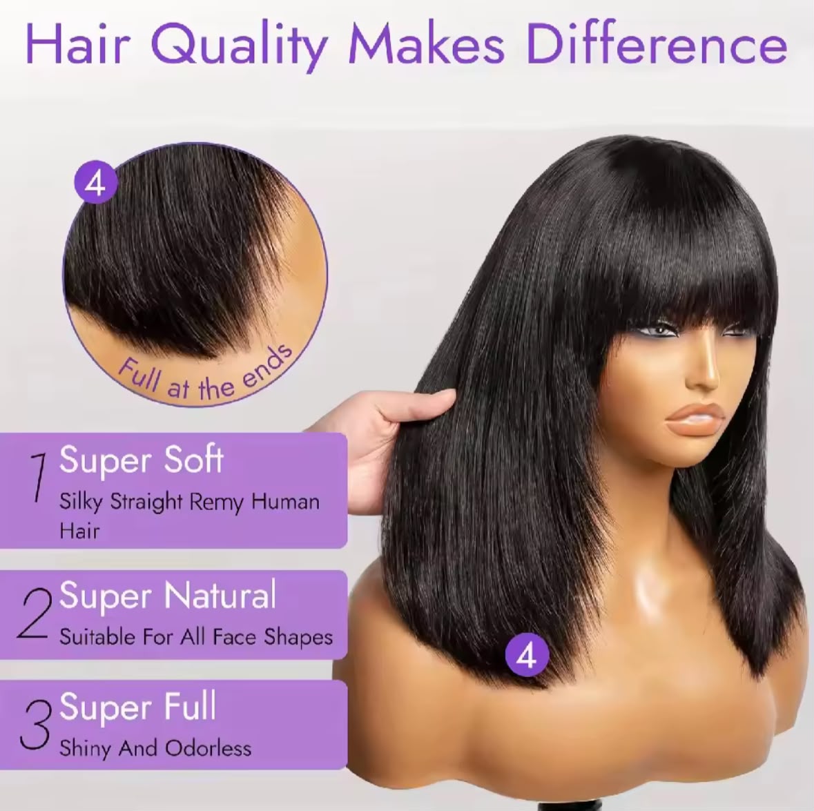 100% human hair|Straight Short Bob wig with Bangs
