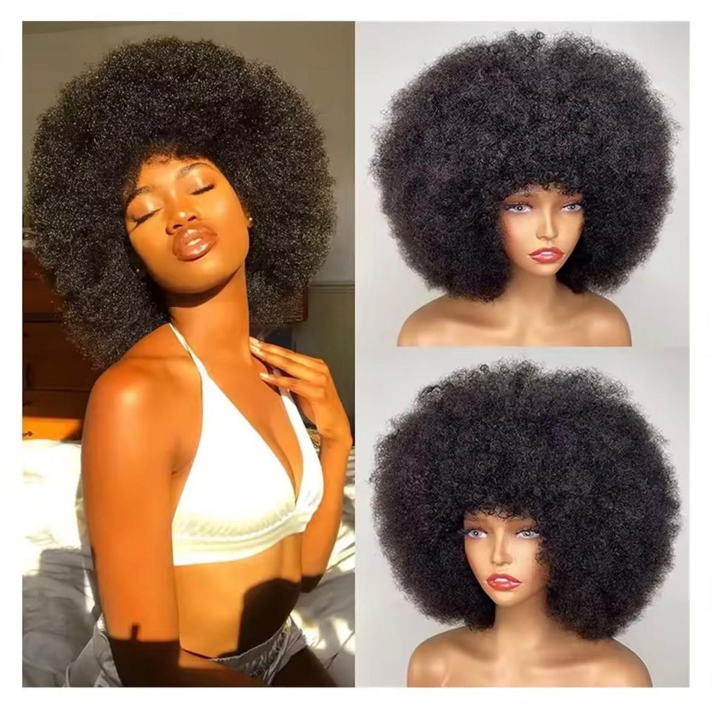 100% human hair|Fluffy Afro Kinky Curly Wig with Bangs