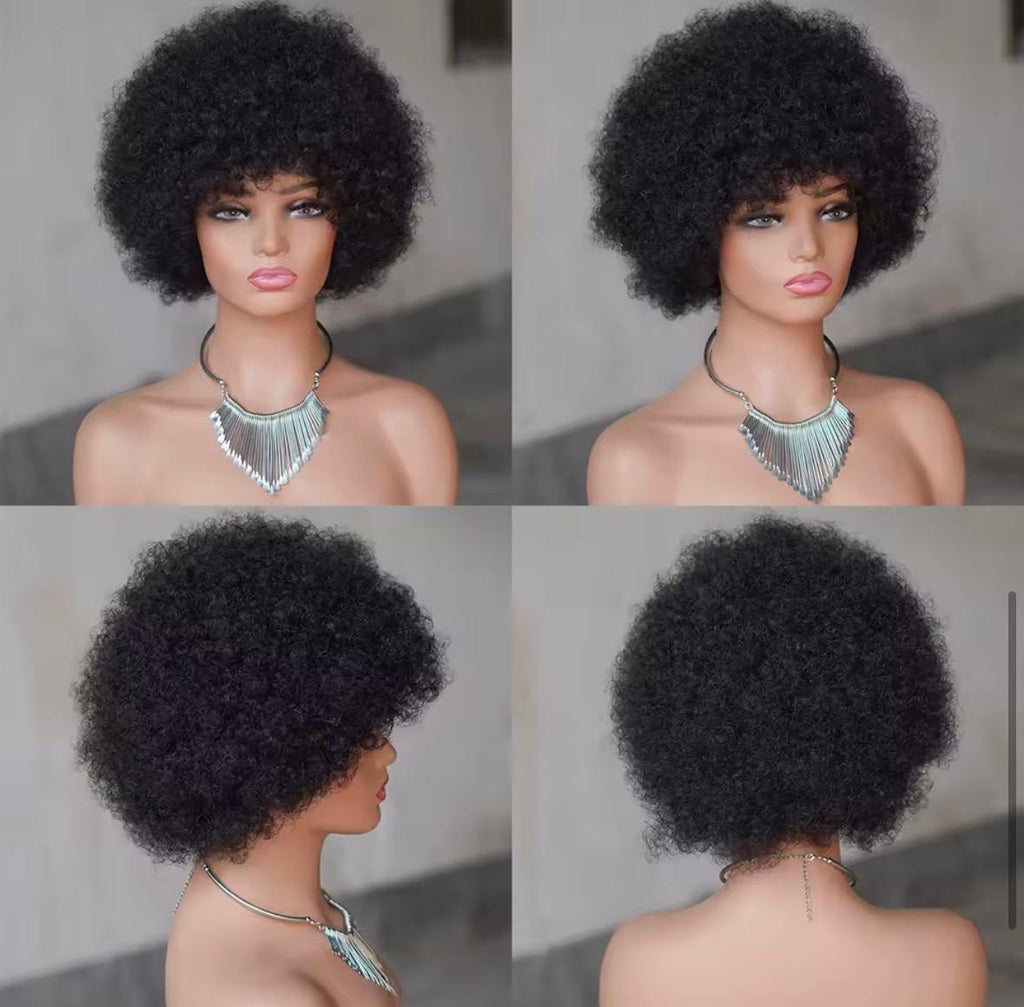 100% human hair|Fluffy Afro Kinky Curly Wig with Bangs