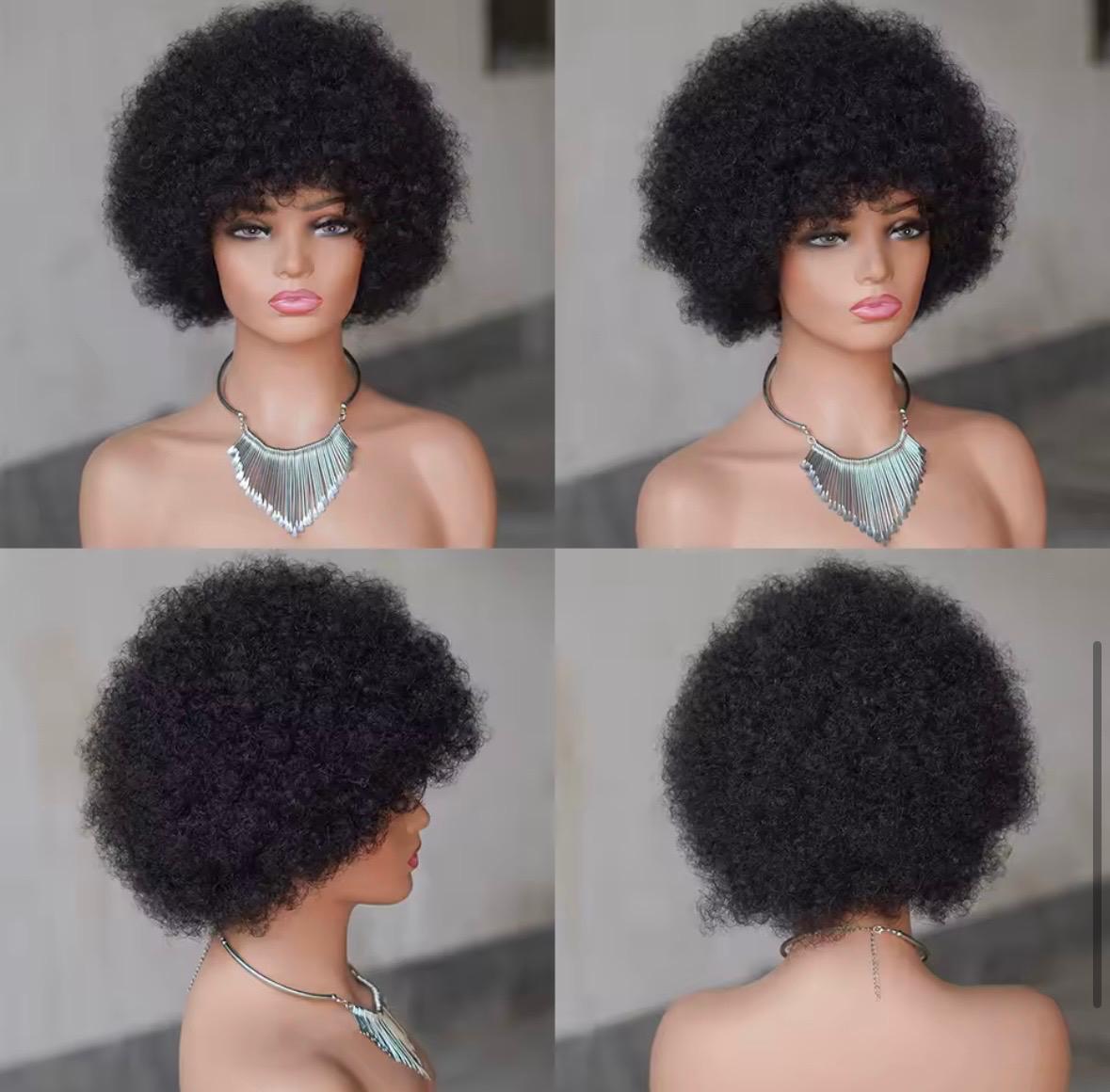 100% human hair|Fluffy Afro Kinky Curly Wig with Bangs