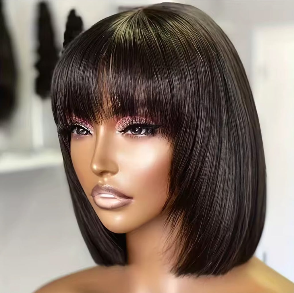 100% human hair|Straight Short Bob wig with Bangs
