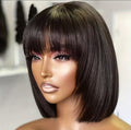 100% human hair|Straight Short Bob wig with Bangs