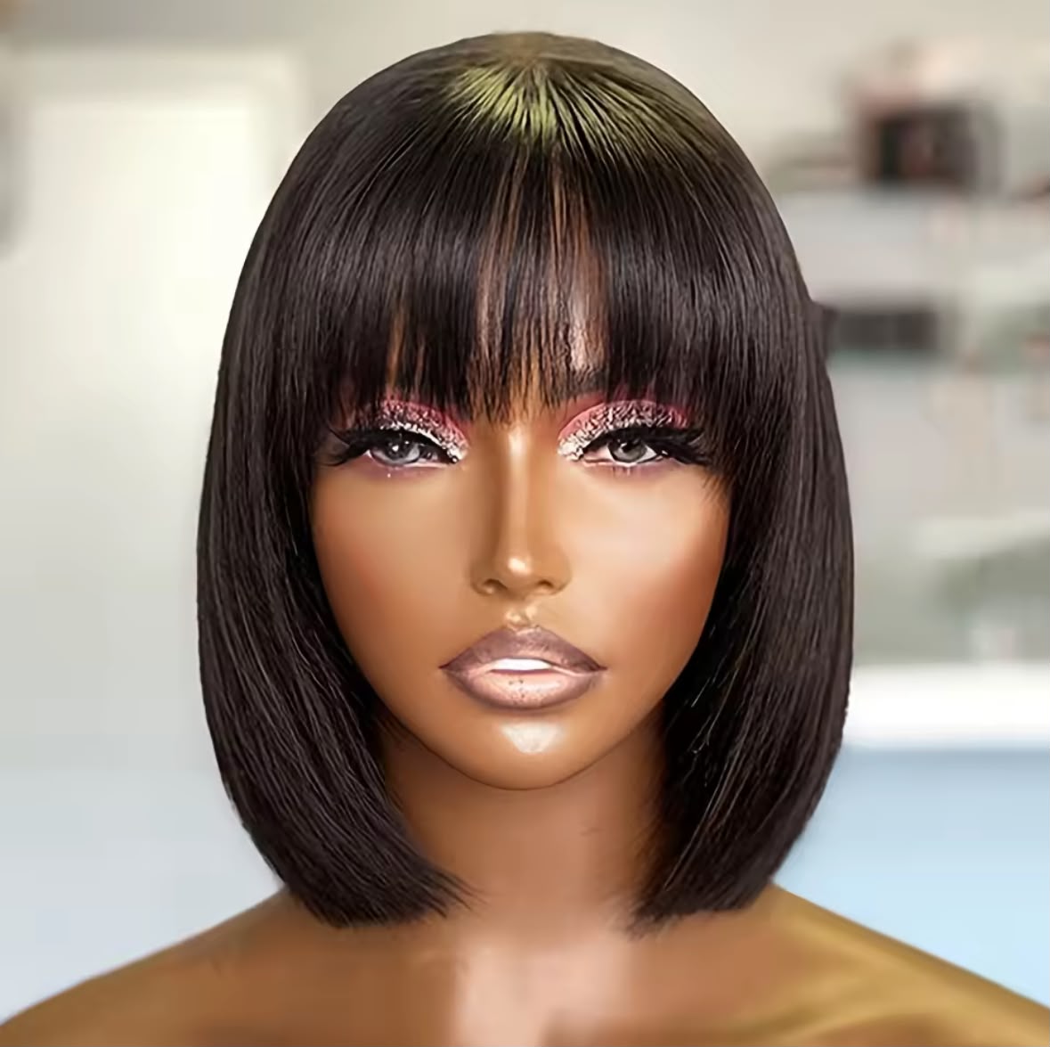 100% human hair|Straight Short Bob wig with Bangs