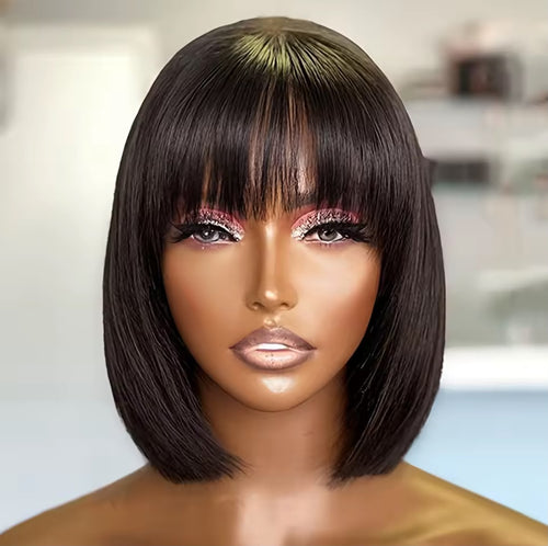 100% human hair|Straight Short Bob wig with Bangs