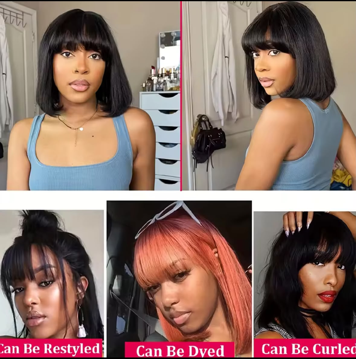 100% human hair|Straight Short Bob wig with Bangs