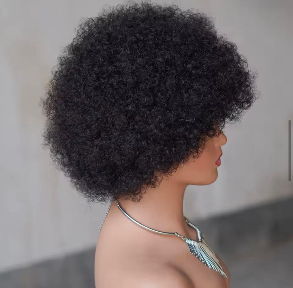100% human hair|Fluffy Afro Kinky Curly Wig with Bangs